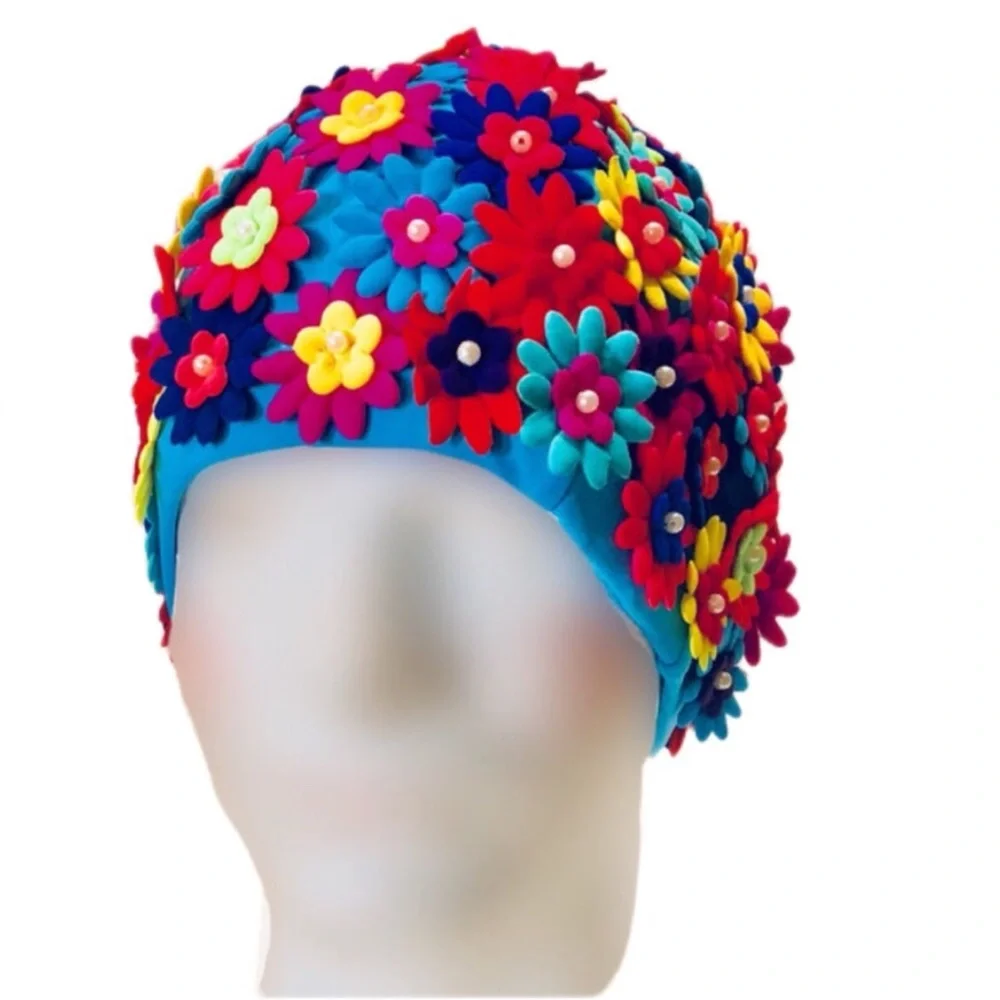 Swim Cap Multi Colored Flowers One Size